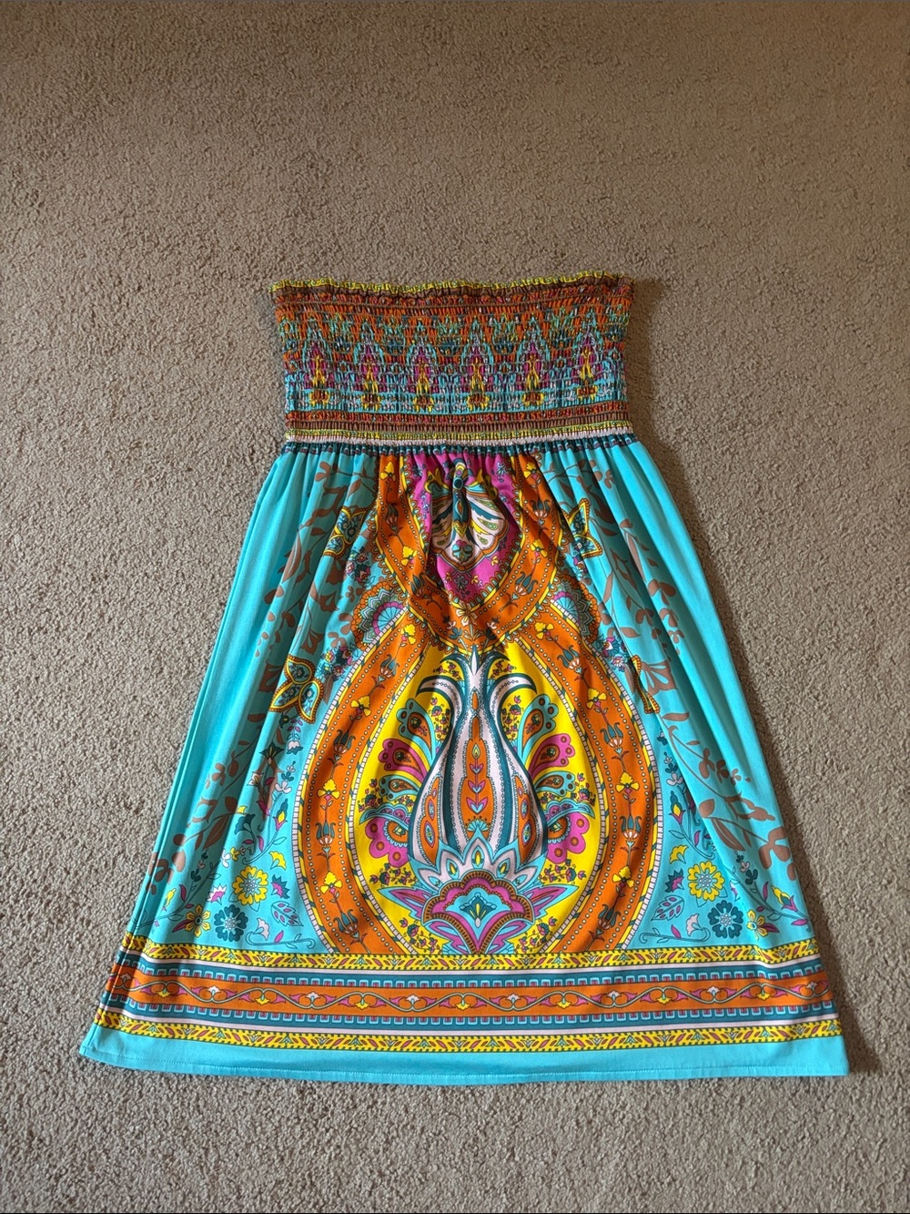 Flying Tomato Turquoise & Orange Paisley Strapless Sundress